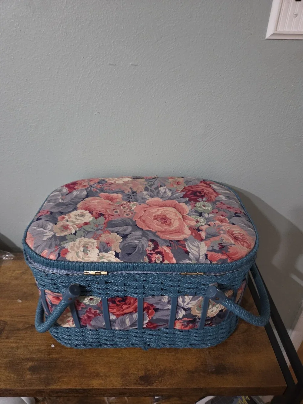 Floral Blue Woven Sewing Basket with Rose Print Lid
